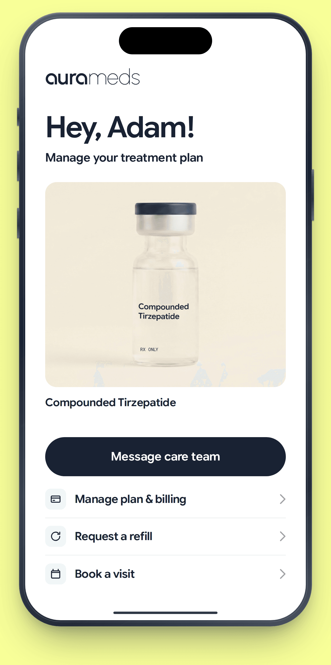 Aura Meds app showing a treatment plan for compounded tirzepatide