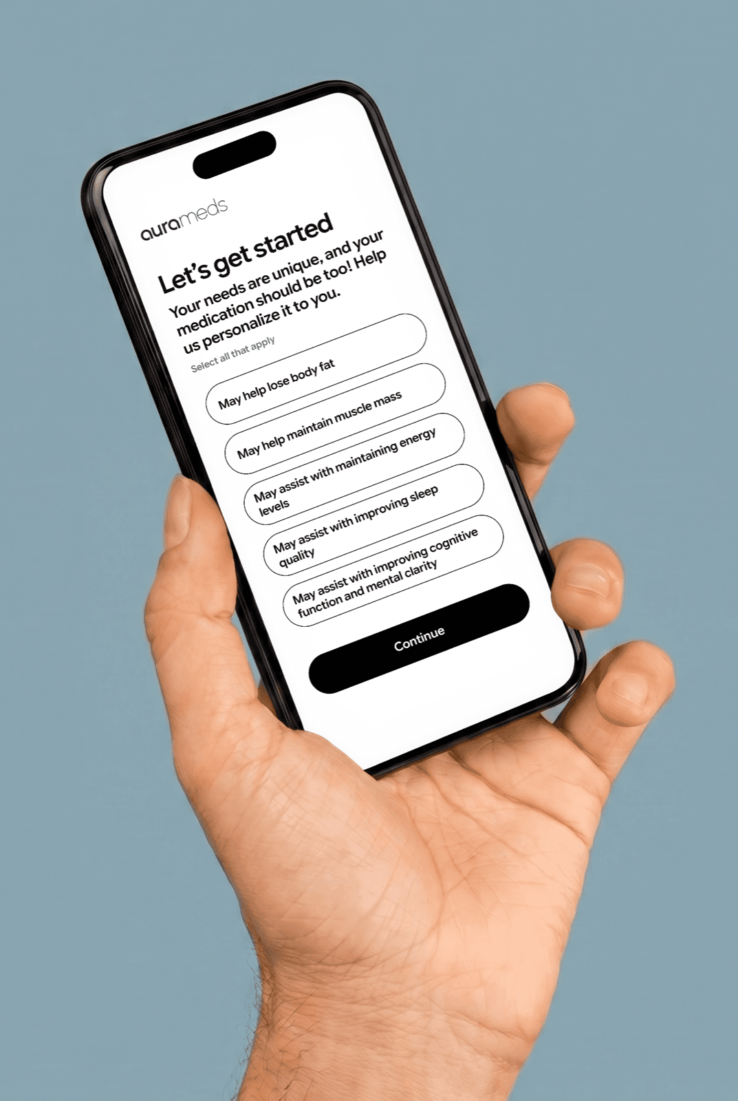Hand holding a phone showing the Aura Meds questionnaire